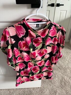 Halston Pink Black Floral Draped Top
